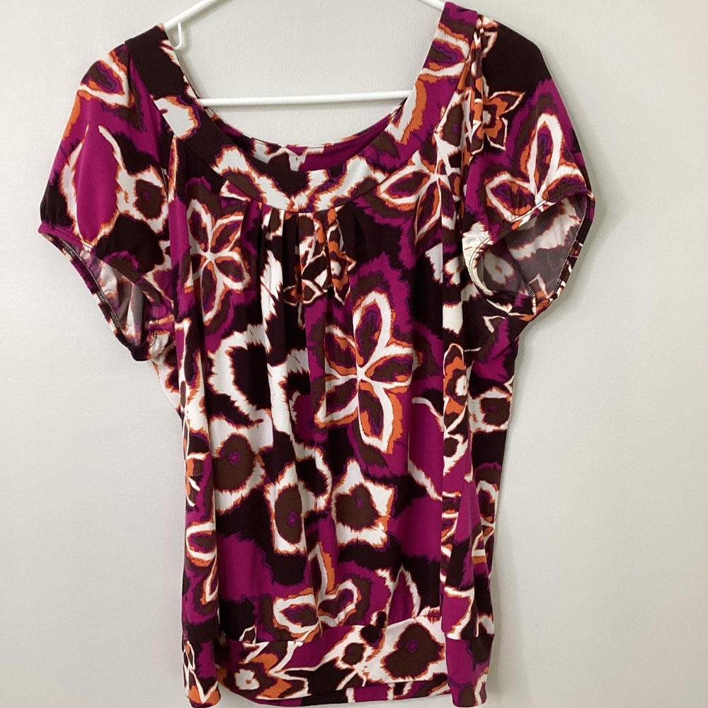 Ab Studio Floral Top Blouse Y2K Cap Sleeve Banded Ruched Bottom Womens XL  Women